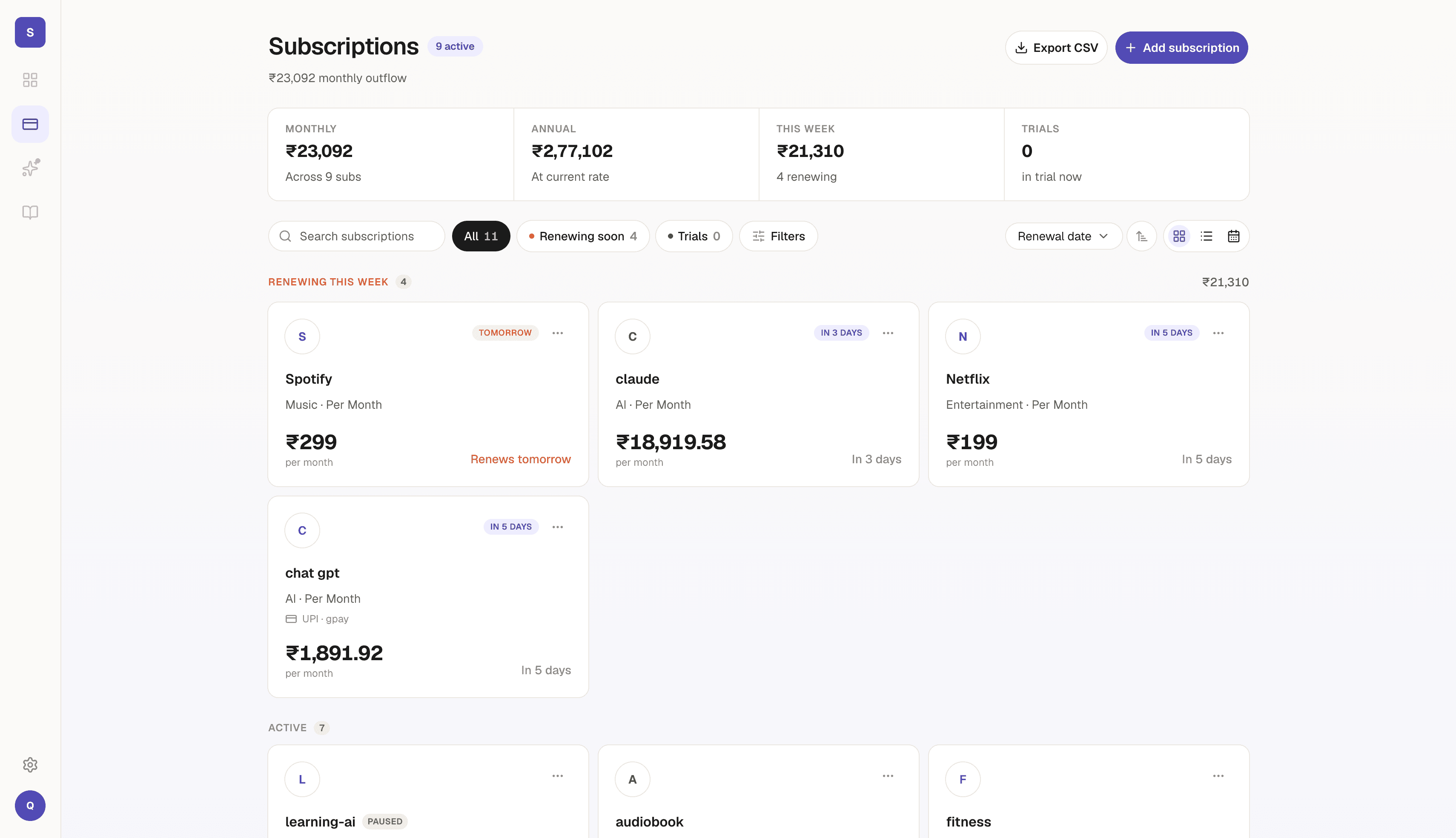 SubSpend subscription tracker dashboard showing every subscription, renewal date, and monthly spend in one place